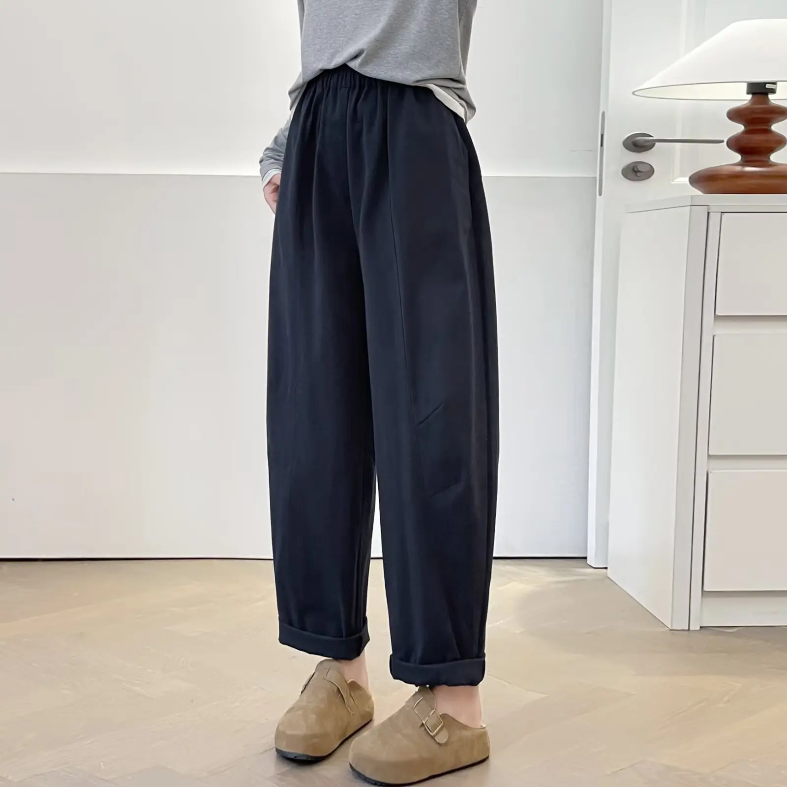 

XXXXL модные женские шаровары больших размеров, осенние новые стильные простые складные хлопковые повседневные брюки до щиколотки 2570