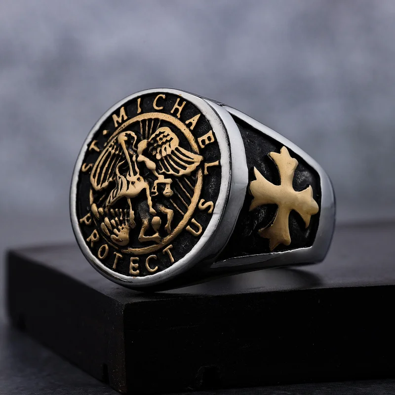 Gold-plated vintage archangel Saint Michael stainless steel men's ring, stainless steel rings wholesale, customizable