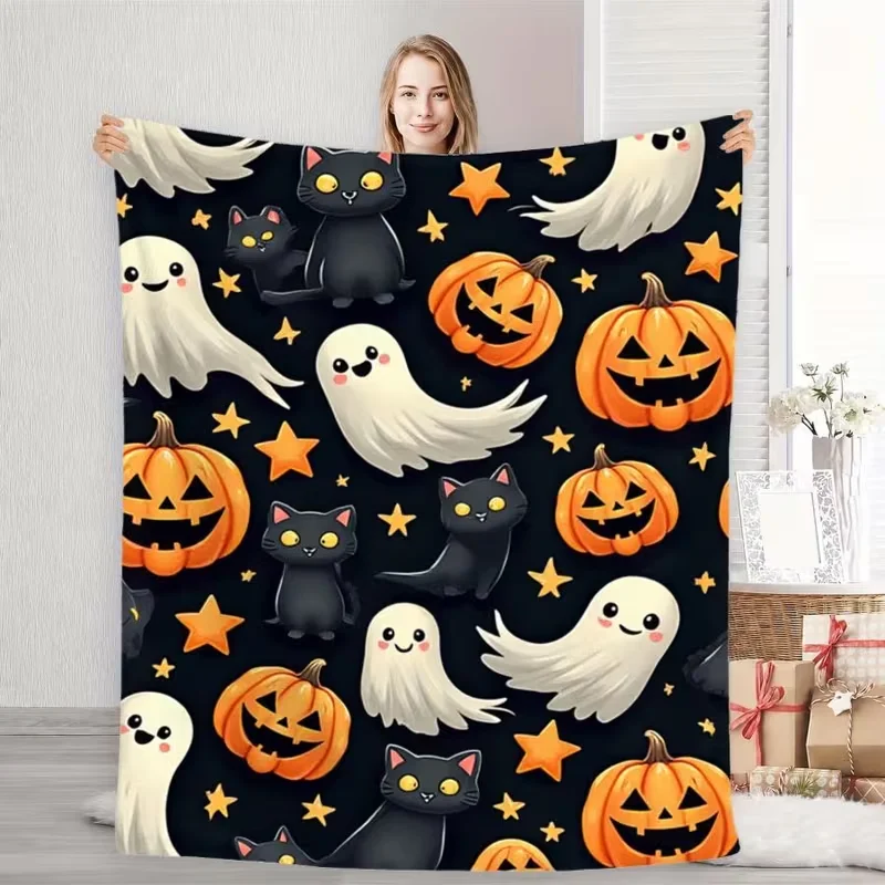 Three Cute Cartoon Ghost Witch Hat Pumpkin Star Print Soft Flannel Throw Blanket Warm Blanket For Sofa Bed Halloween Home Decor
