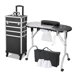 BYOOTIQUE Rolling Manicure Table 4in1 Makeup Train Case Foldable Nail Desk Cosmetology Case on Wheels with Built-in