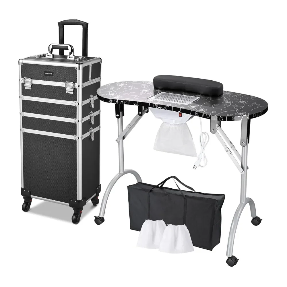 BYOOTIQUE Rolling Manicure Table 4in1 Makeup Train Case Foldable Nail Desk Cosmetology Case on Wheels with Built-in