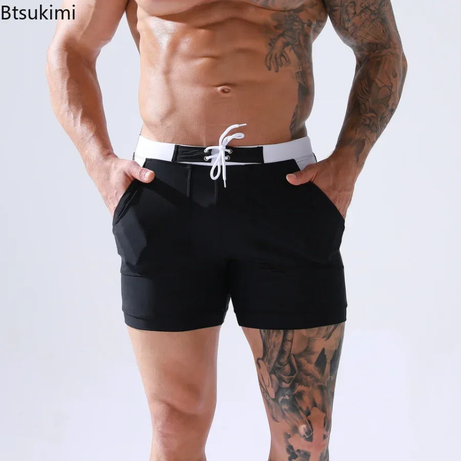 Men\'s Summer Swimwear Shorts Quick Dry Swimming Trunks Surf Board Solid Shorts Boxer Briefs Swimsuit Beach Sun Bathing Shorts