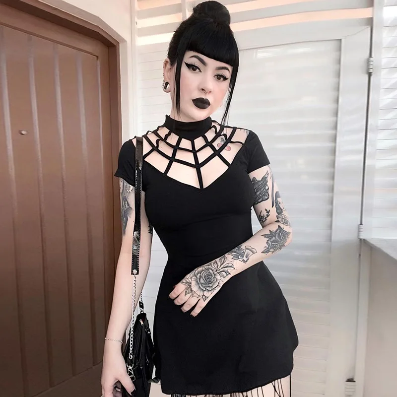 

Emo Mall Gothic Spider Web Female Mini Dresses Grunge Aesthetic Punk Hollow Out Partywear Sexy Slim Summer Alt Clothes