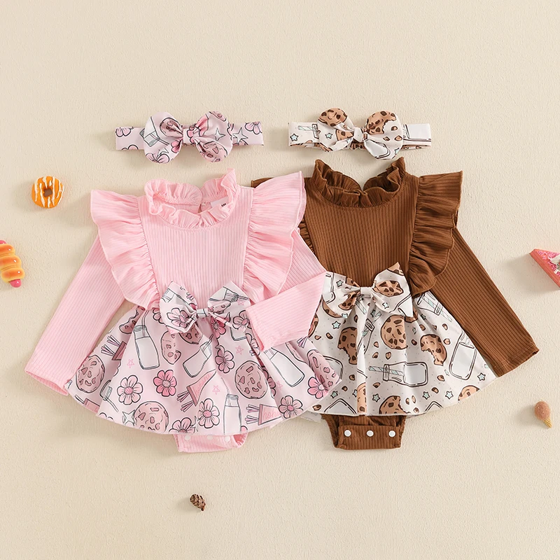 0-18 Months Baby Girl Bodysuit Fall Outfit Milk Cookie Print Ruffle Long Sleeve Romper Dress Bow Headband 2 Piece Set