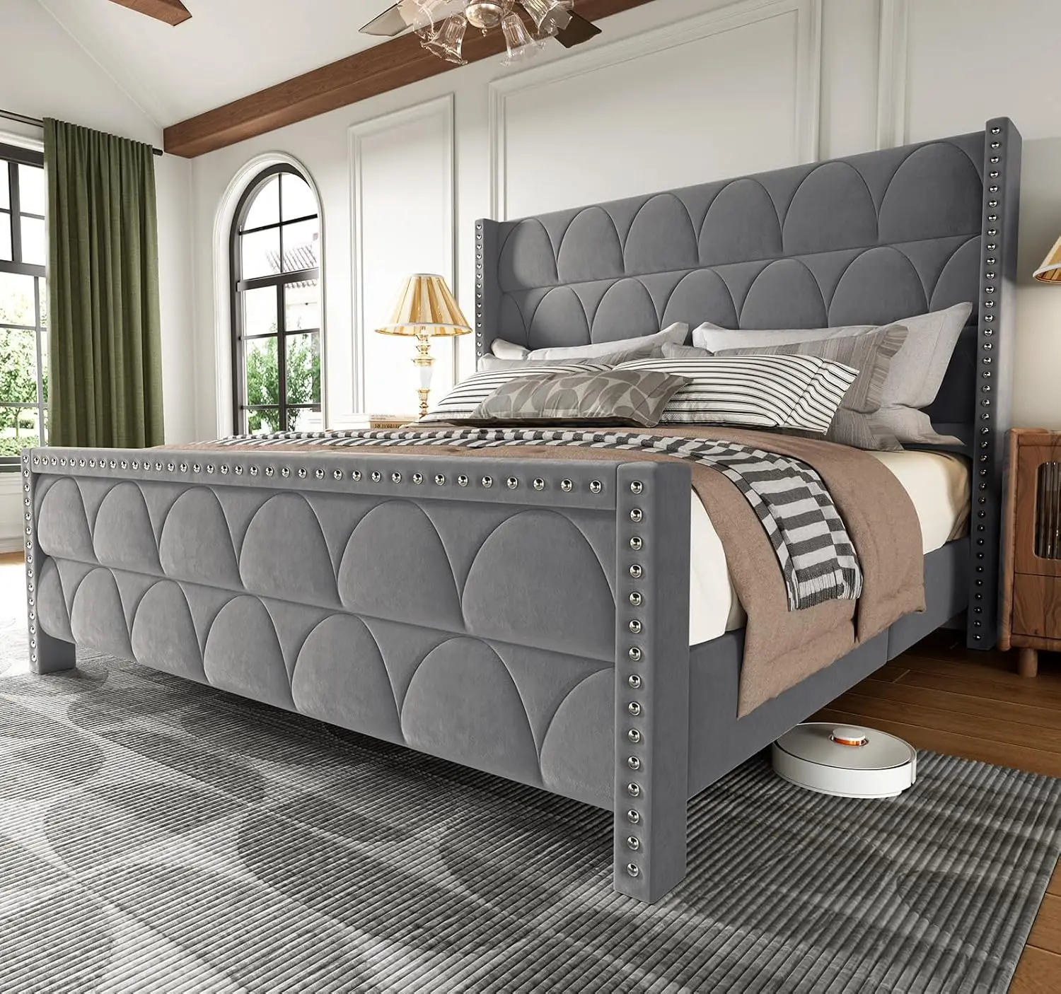 

OHOHOLIVE King Size Bed Frame with 56" Headboard - Velvet Upholstered Wingback Platform Bed Frame, Noise Free, Sturdy Wooden Sla