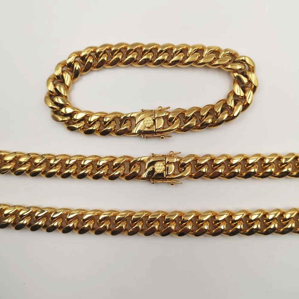 

Hip hop Cowboy Miami Cuban Curb Chain Necklaces Bracelet Stainless Steel Golden Mens Hip hop Jewelry Set Size 10mm