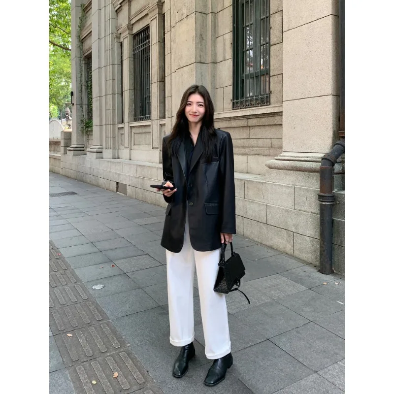 Otoño negro marrón suave Pu chaqueta de cuero mujeres hombreras manga larga solo pecho suelto Casual moda coreana