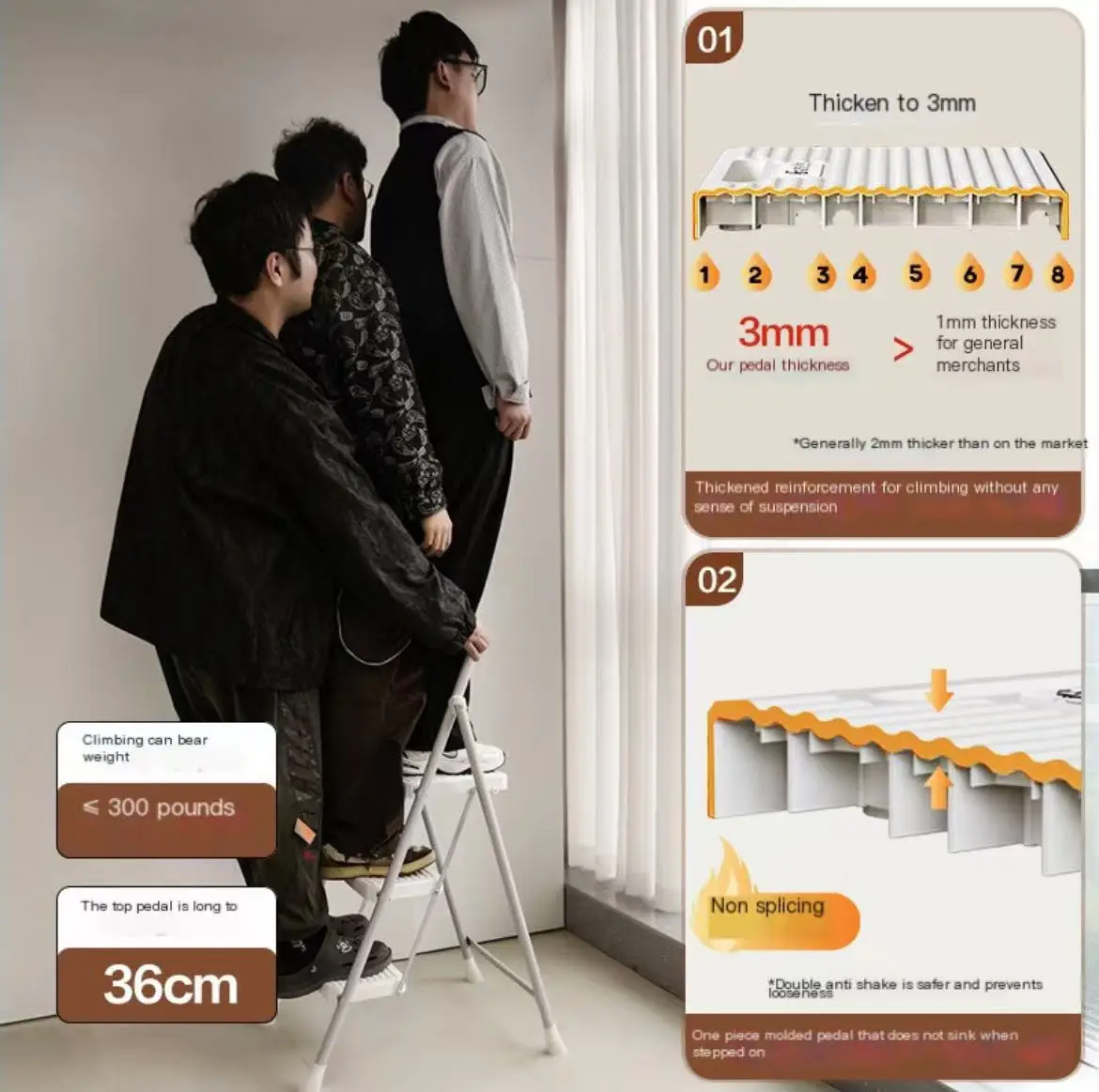 YYHCThickened zigzag ladder 2-step indoor folding ladder portable and multifunctional folding staircase