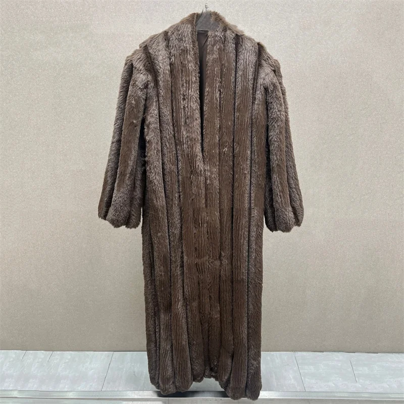 

Женская шуба 2026 Весна, новая, из искусственного меха, длинная, ветрозащитная, в полоску, повседневная ветровка, женский плащ