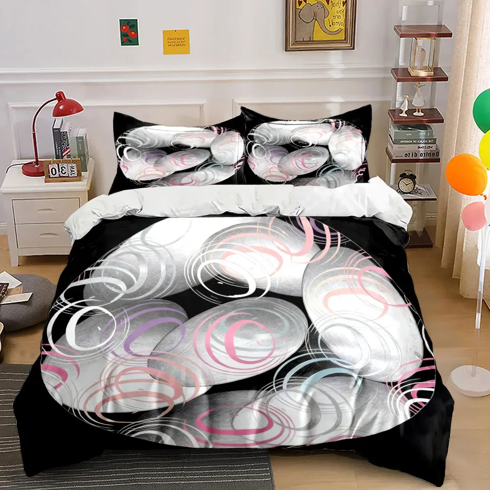3-teiliges Bettwäsche-Set mit abstraktem Steinmuster, pastellrosa-lila Ringe auf schwarzem Druck, Bettbezug + 2 Kissenbezüge, minimalistisches, modernes Dekor