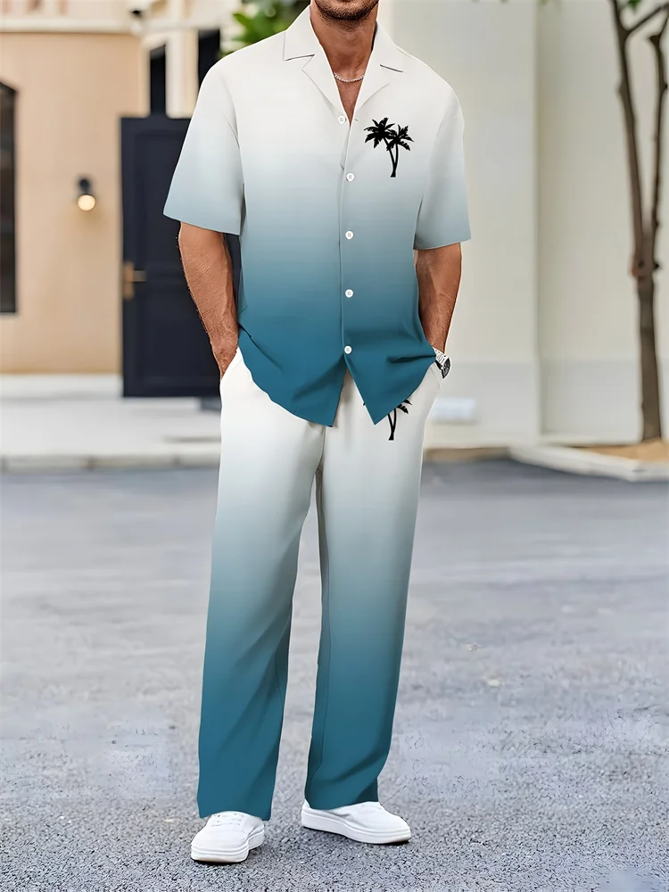 

Blue And White Gradient Coconut Tree Print Men's 2pcs Long Pants Set Outdoor Vacation Casual Men's Lapel Shirt And Long Pants S