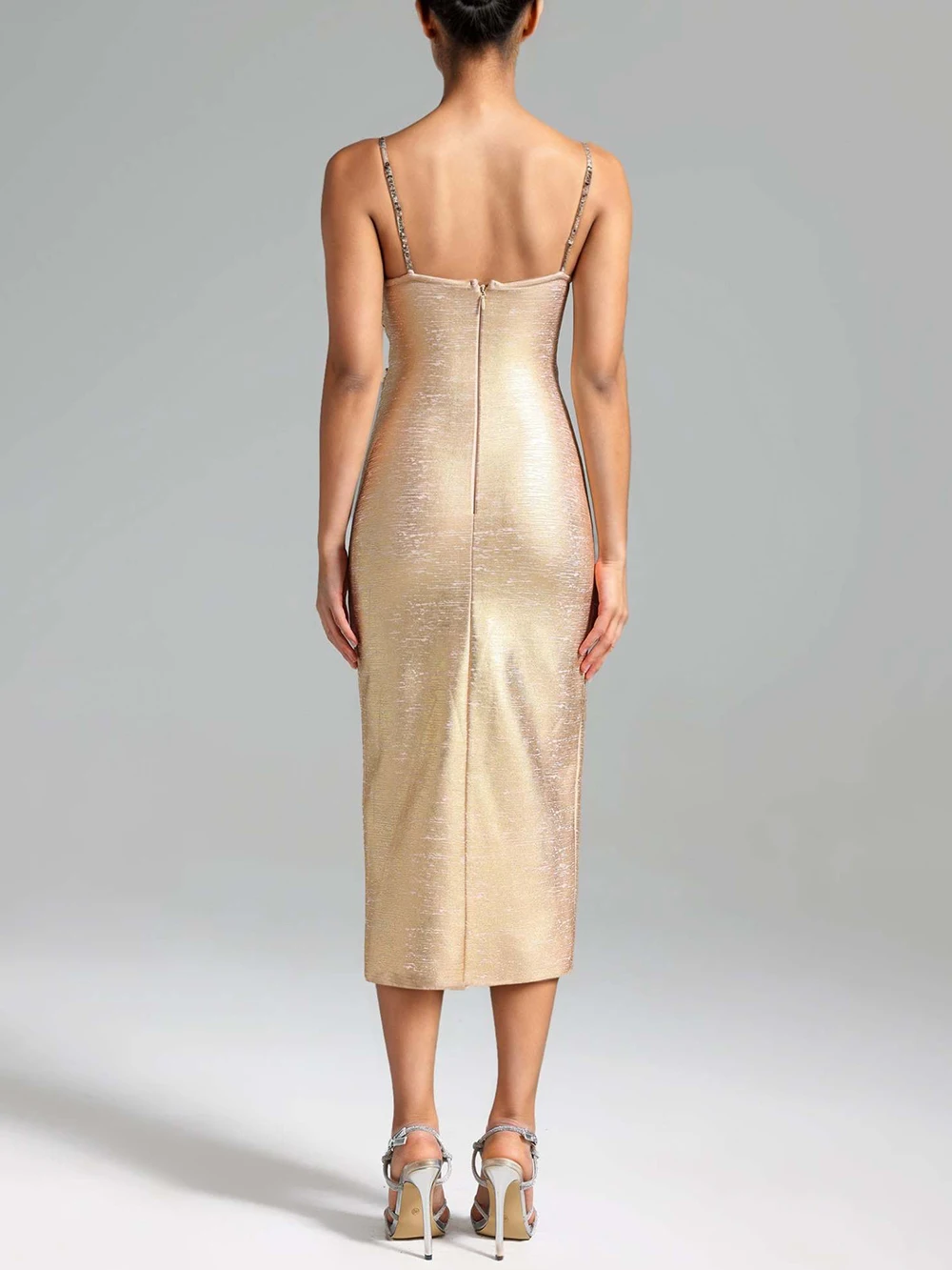 Modphy Ladies Hollow Out Beaded Spaghetti Strap Backless Celebrity Party Club Hot Pressed Golden Print Sexy Midi Bandage Dress image 3