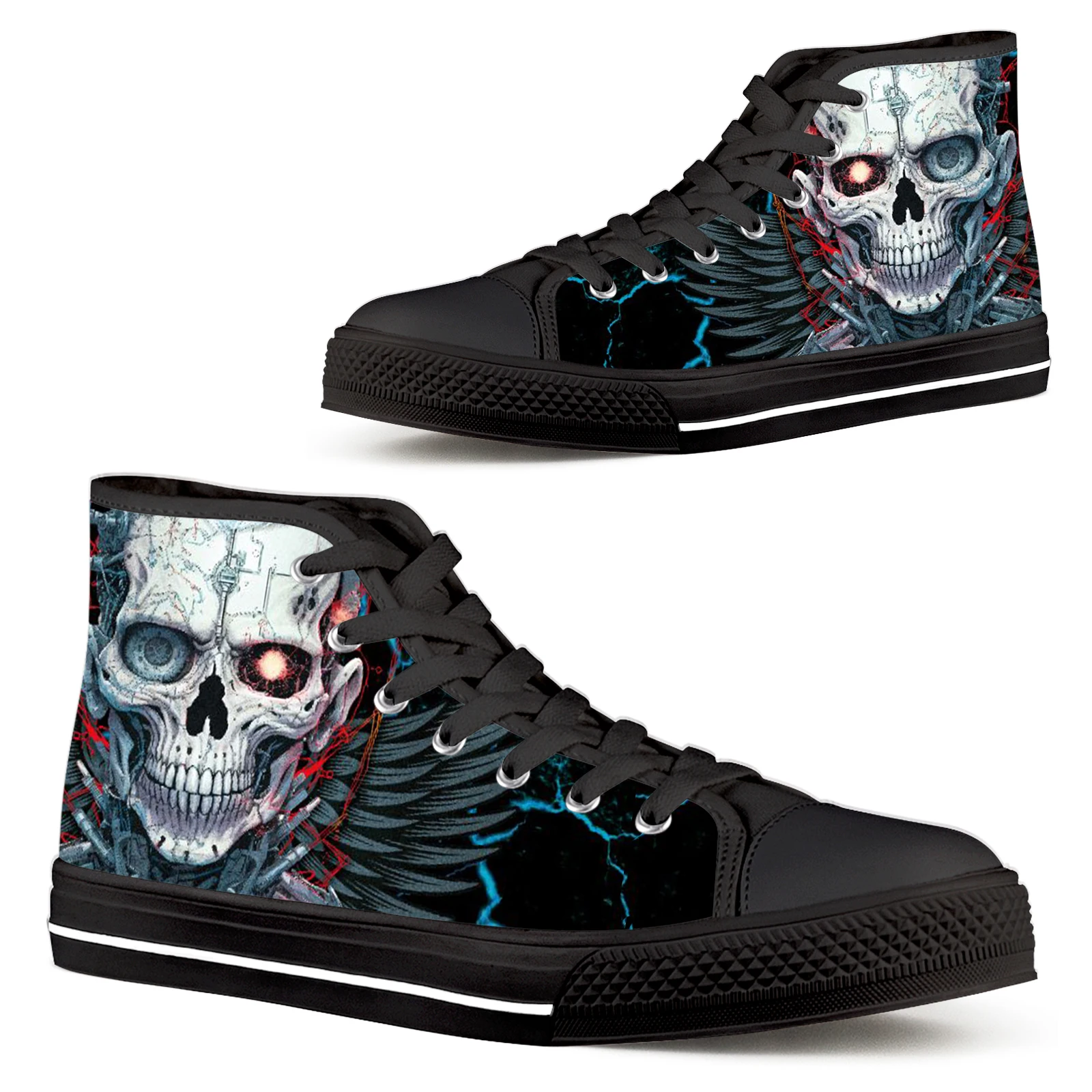 ELVISWORDS Horror Halloween Skull Print Men's Canvas Shoes Mexican Day Of The Dead Skull Men's Shoes Black High Top Sneakers