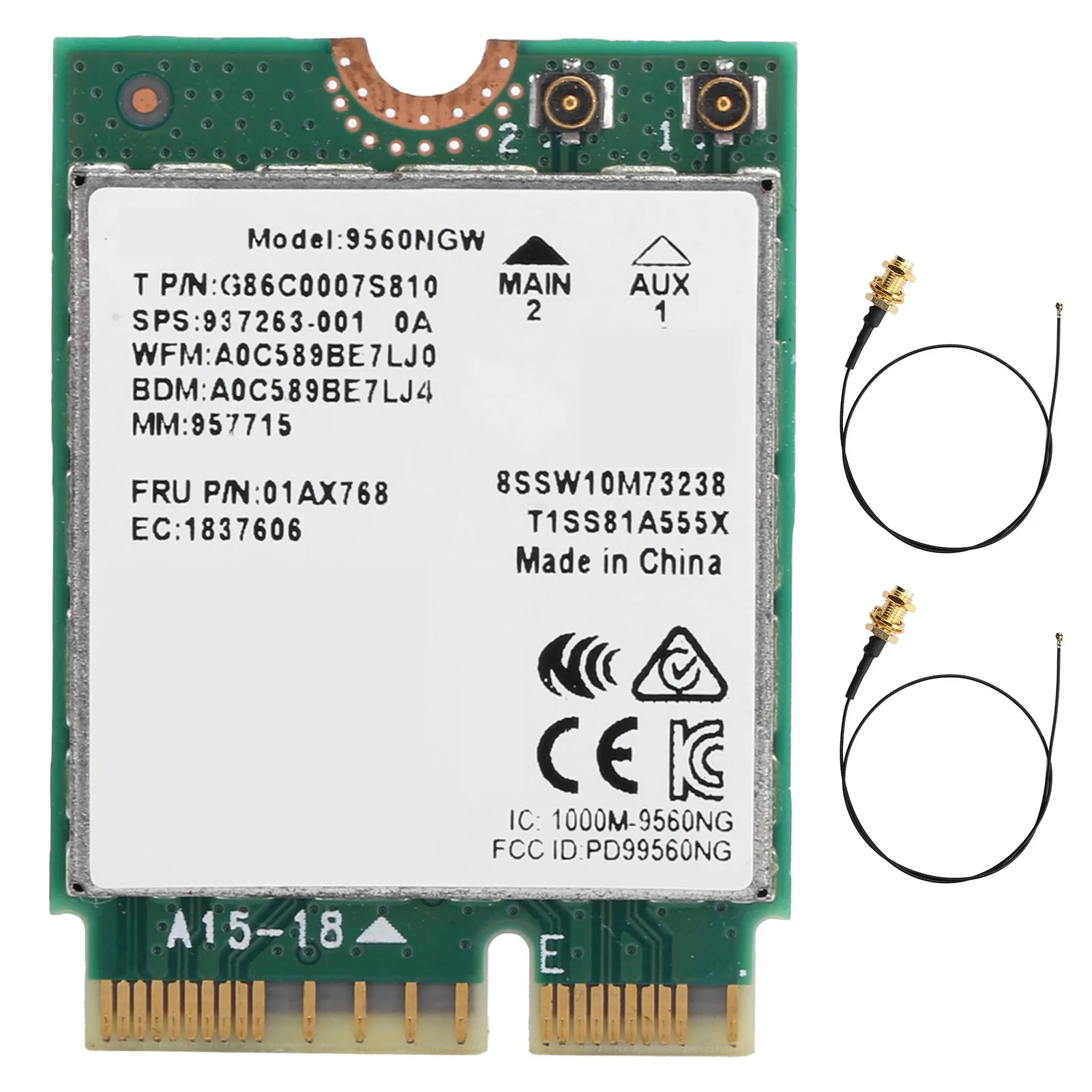 Wireless Network Card Bluetooth5.0 802.11ac M.2 Wifi Adapter with Antenna 9560NGW 1730Mbps2Pcs External Antenna Cables