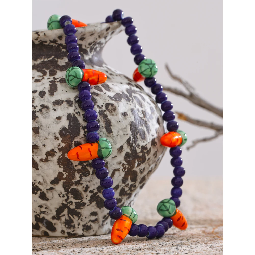 Yhpup Waterproof Fashion Blue Ceramic Beads Chain Cute Carrot Drop Necklace New Arrivals Handmade Trendy Jewelry for Women