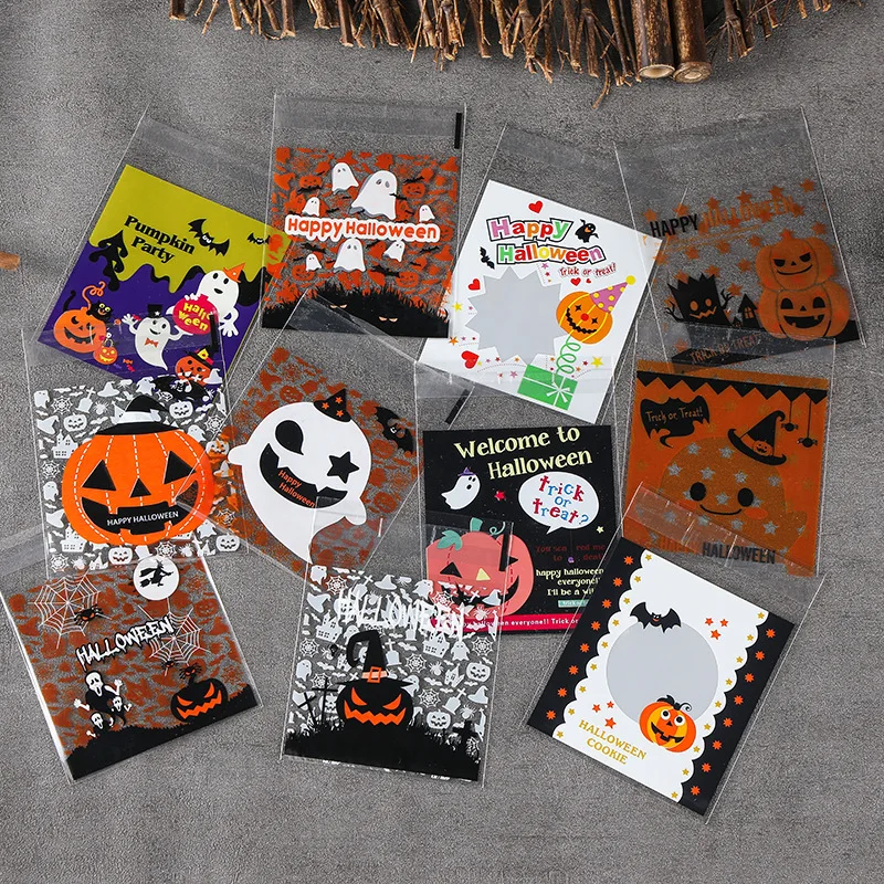 

100PCS Halloween Small Cellophane Candy Bags Self Adhesive Clear Cookie Treat Bags for Kids Halloween Party Favor Gift Packing