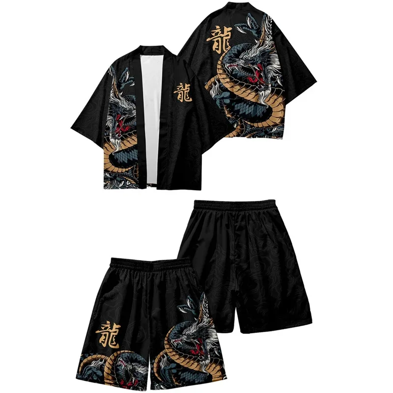 Summer Asian Traditional Costume Men Crane Printed Japanese Kimono Cardigan Harajuku Yukata Dark Style Black Haori Shirt Jacket