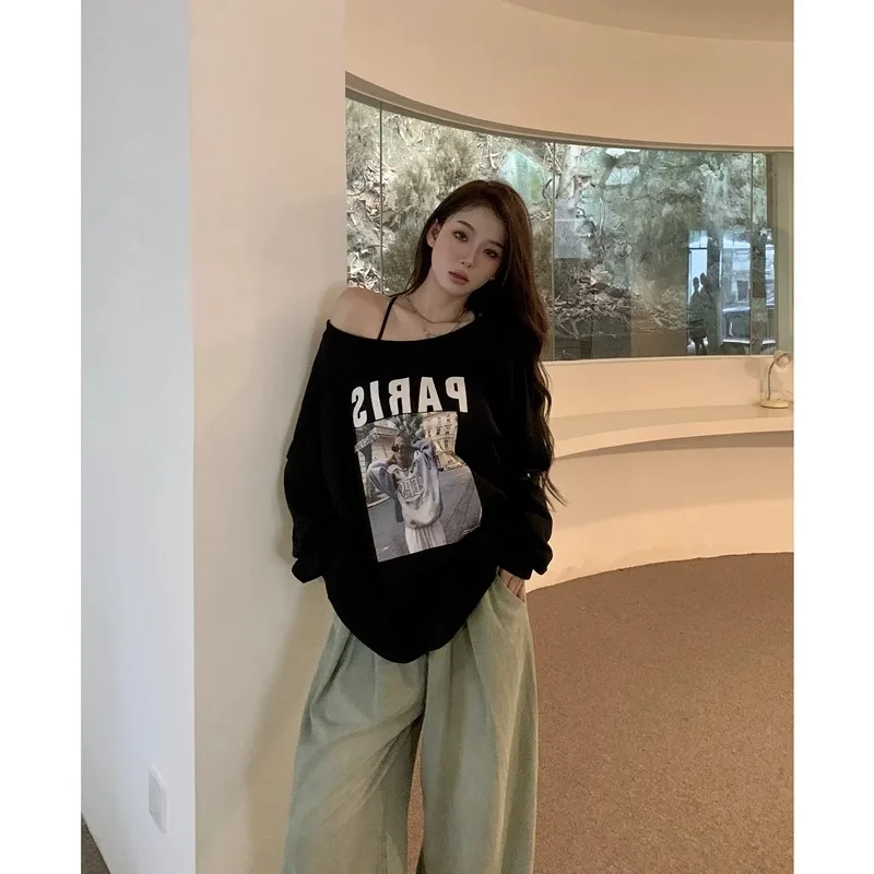 Y2K Amerikanischen Hip Hop Frauen Badeanzug Sexy Schwarz Off Schulter Langarm Retro Druck Lose Übergroßen Vielseitig Top Winter Mode