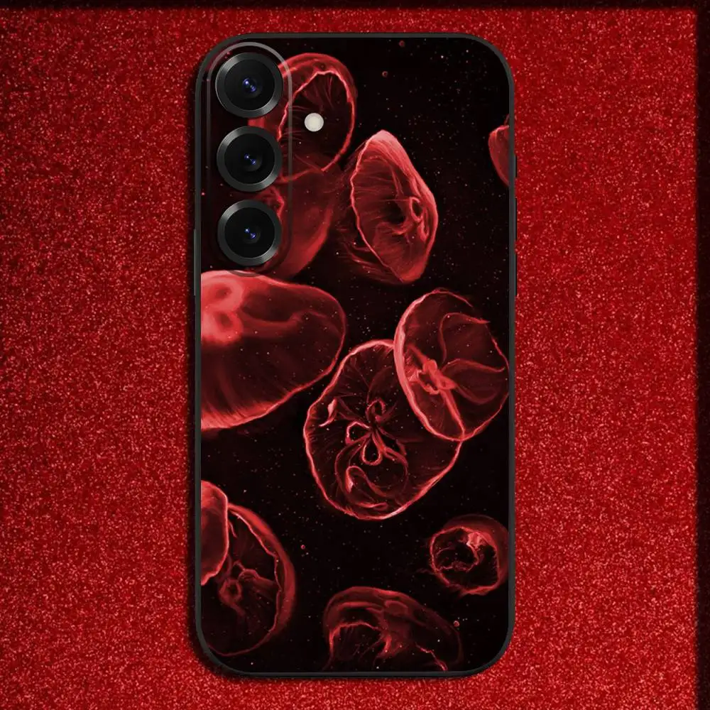 光るクラゲ柄スマホケース Samsung S25、S24、S21、S22、S23、S30、Ultra、S20、Plus、Fe、Lite、5G対応 ブラックカバー