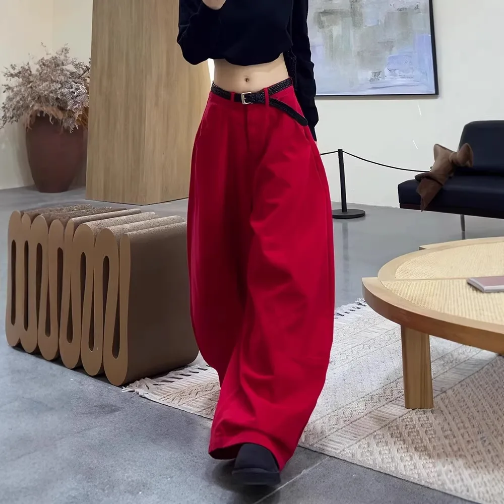 

Fashionable Red High-End Wide-Leg Jeans For Women 2026 Spring And Autumn New Versatile Loose Floor-Length Scimitar Pants