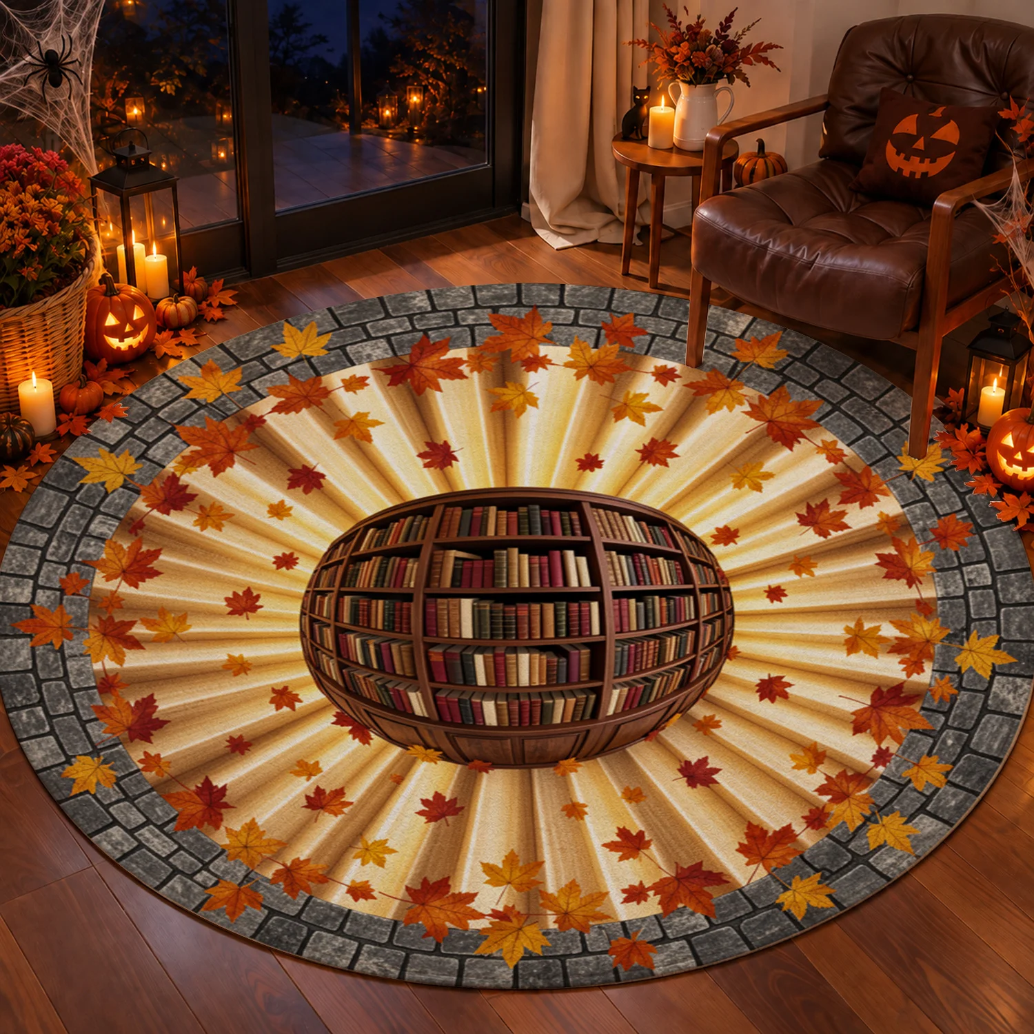 Autumn Maple Globe Bookshelf Brick Border Round Velvet Rug Machine Washable Suitable for Living Room Bedroom Office Entryway Halloween Thanksgiving Christmas New Year