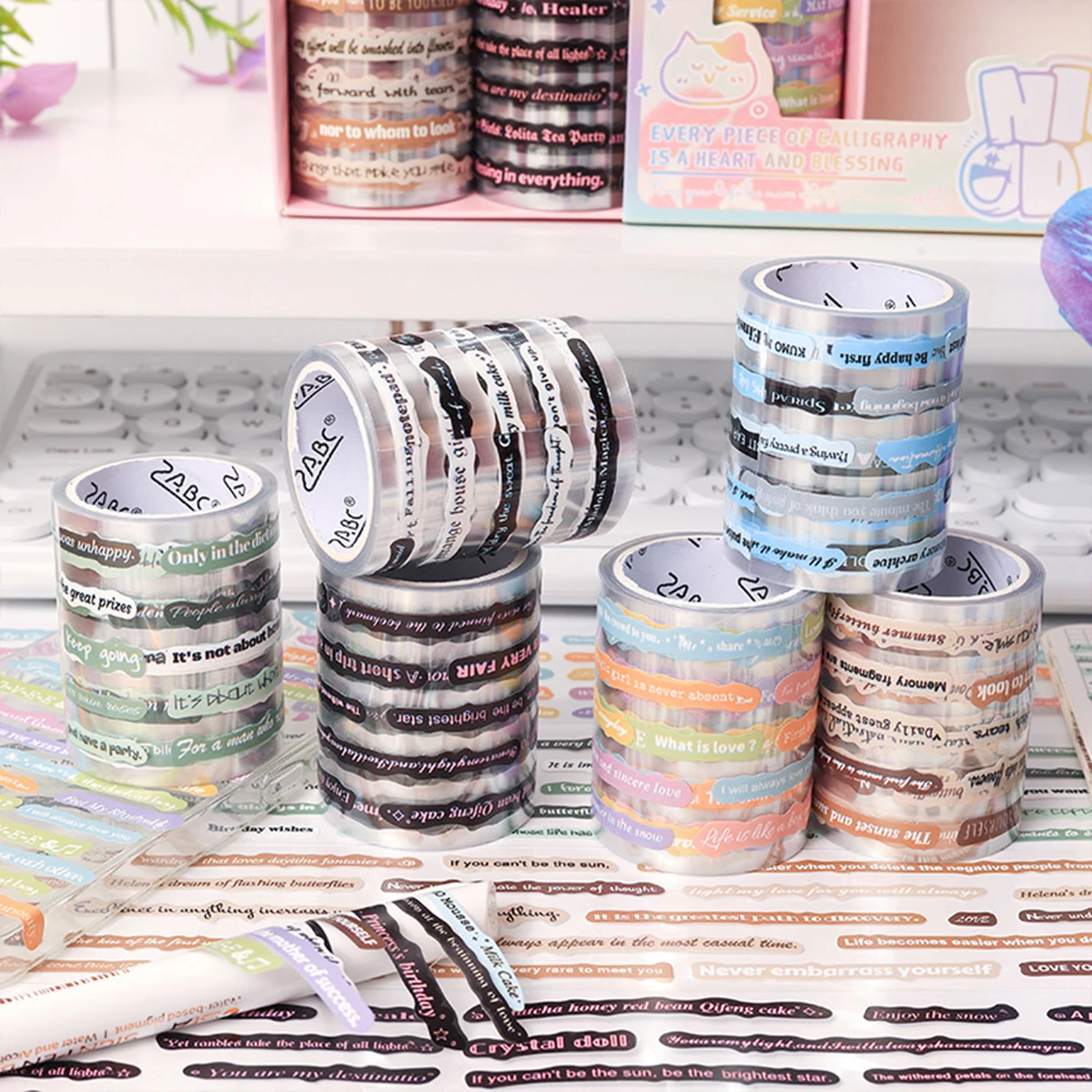 6 rolls/box, cute calligraphy masking tape is suitable for brochures, photo albums, and exquisite gift packaging decoration