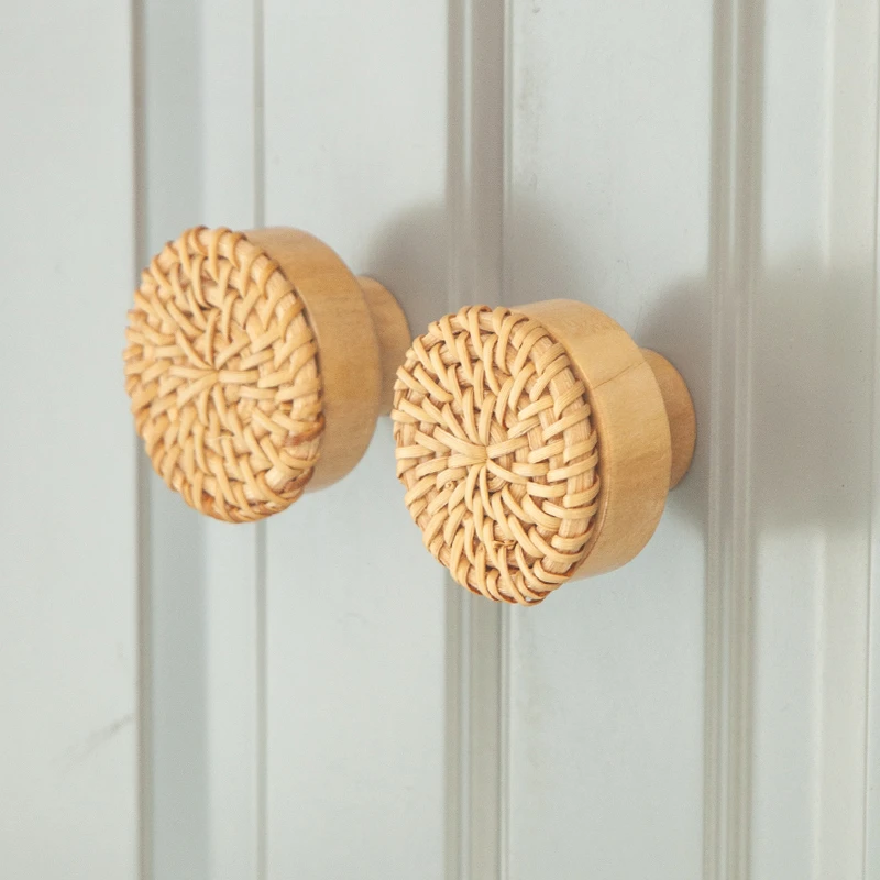 Wooden Handles Dresser Knobs Round Rattan Furniture Handles Handmade Kitchen Cupboard Drawer Knobs