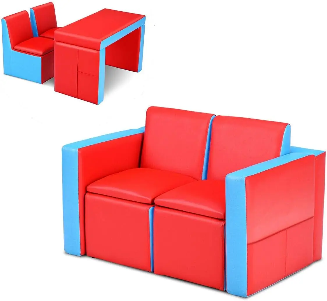 Canapé 2 en 1 pour enfants, canapé double siège pour enfants, convertible en table et deux chaises pour l'école, espace de rangement, surface en PVC, L