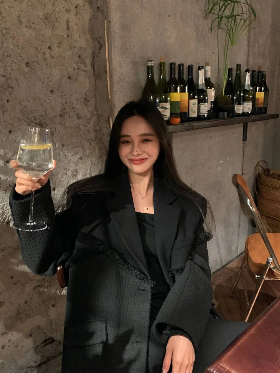 

ChenMiFan Bla Splice Small Fraance Sle Woolen Suit Jaet Women Autumn Winter Slimming Coat Long Sve Single Button