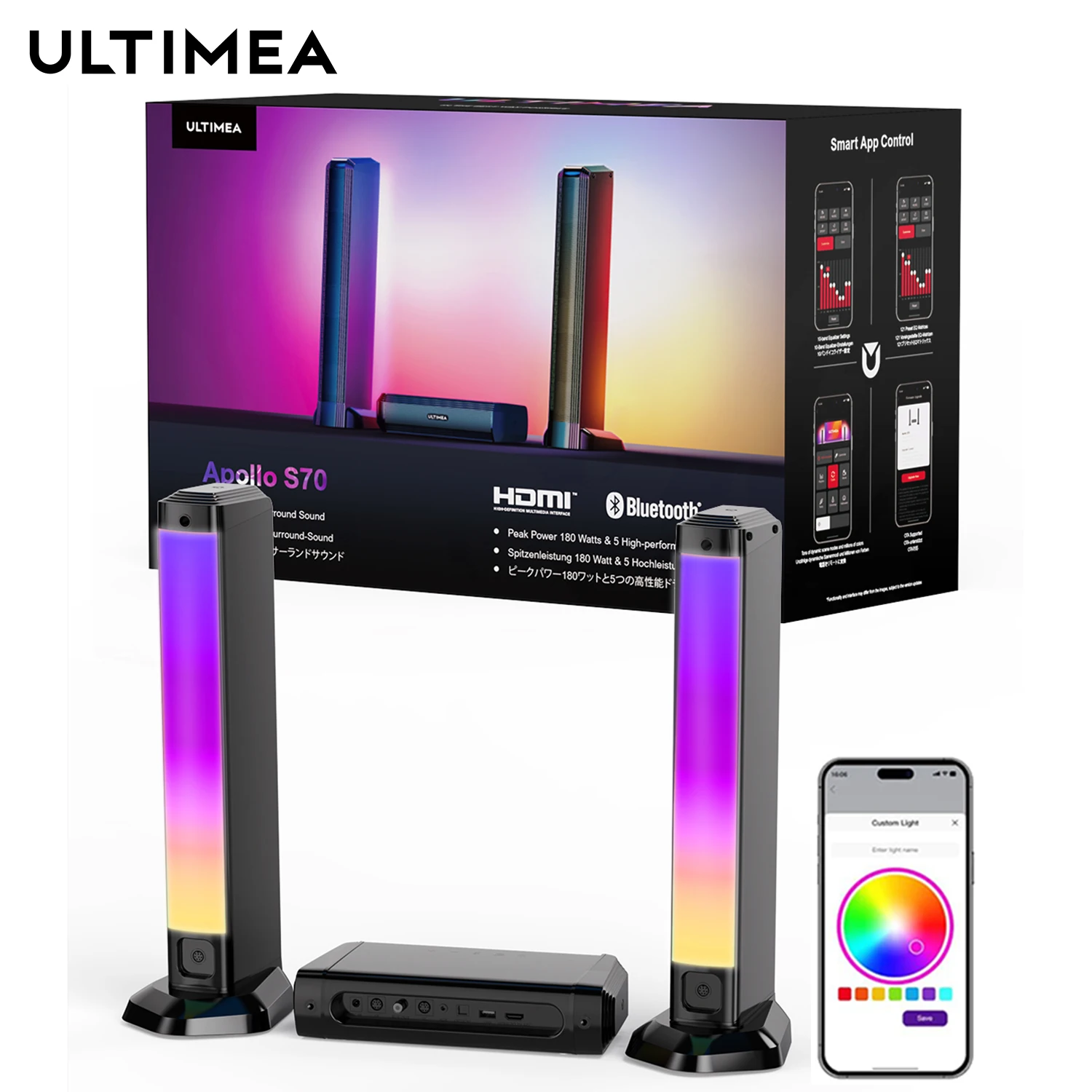 

ULTIMEA 180W 5.0 Sound Bar for tv, PC SoundBar with RGB for Home Theater, Detachable Soundbar with App Control, HDMI-ARC/Opt/AUX
