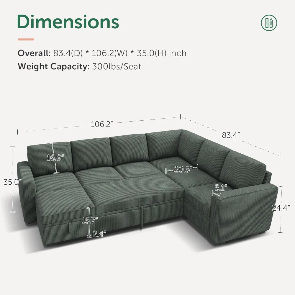 Modular Sectional Sleeper Sofa with Pull Out Bed, Corduroy Couch with Storage Seats Ottoman