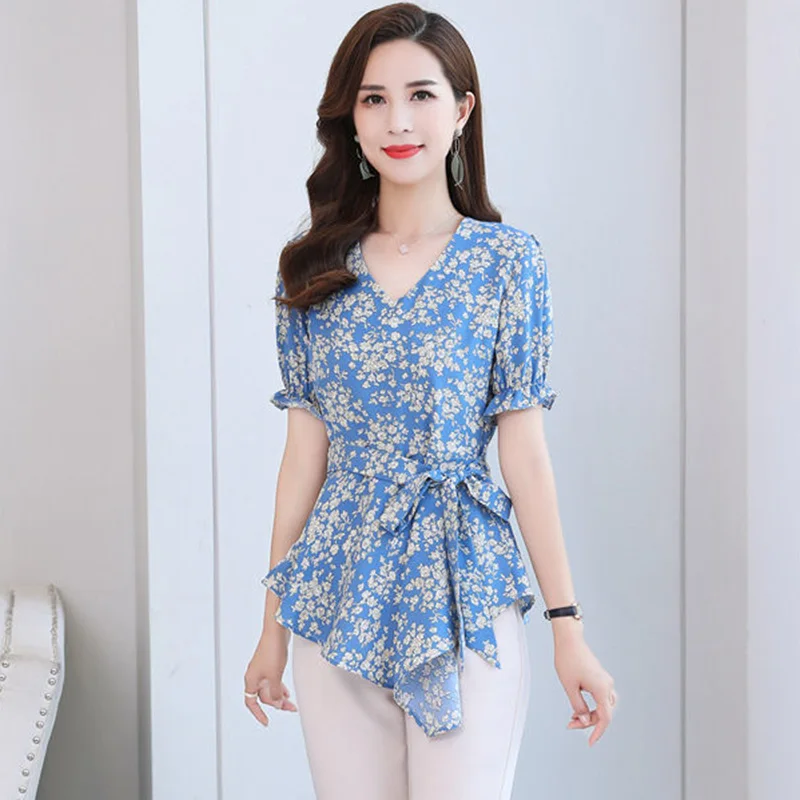 Elegant Ruffles Folds Bandage Bow Irregular Floral Blouse Women\'s Clothing 2023 Summer Loose Casual Tops Asymmetrical Shirt