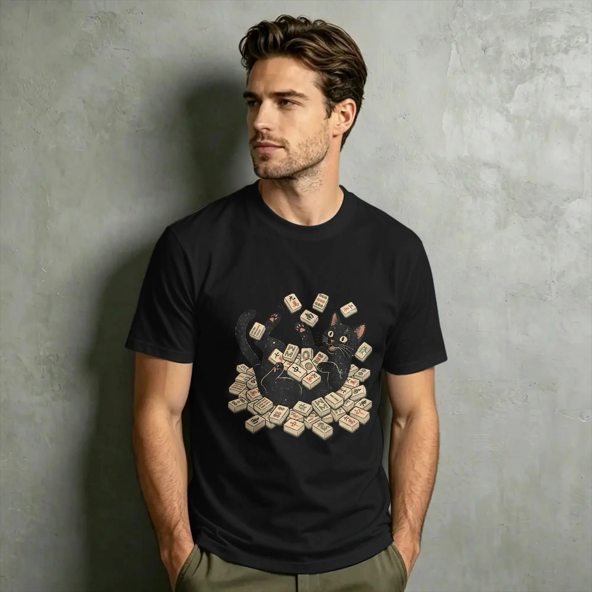 Men's Meowjong Cat Playing Mahjong T Shirt  100% Cotton Clothes Leisure Short Sleeve Crewneck Tees Graphic Printed T-Shirt