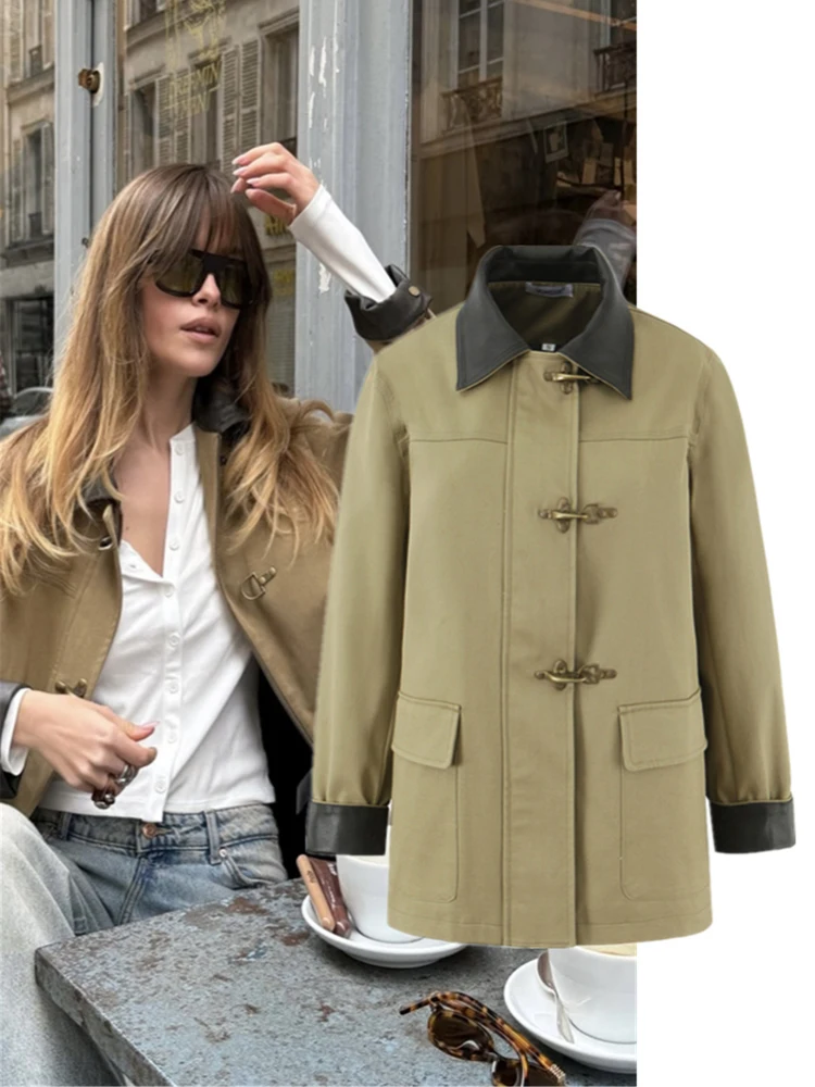 

Briti Barn Sle Retro Workwear Color Blo Leather Collar Cotton Jaet Loose Slimming Medium Length Trendy Women's Coat