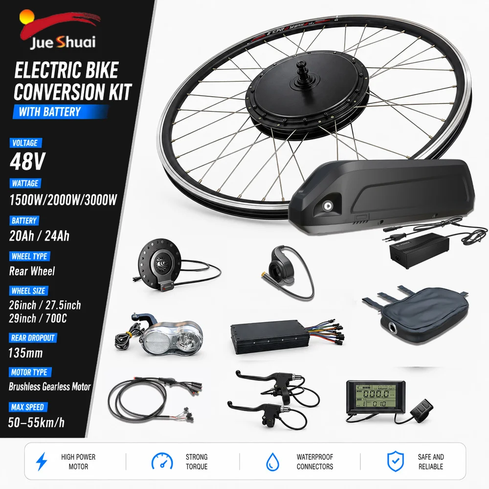 

Electric Bike Conversion Kit 48V 1500W/2000W/3000W Brushless Gearless Hub Motor Wheel Kit with Battery 26"-29"700C Wheel Size