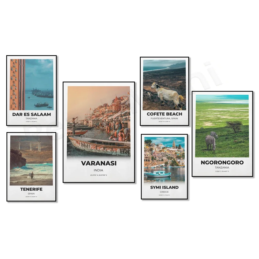 Fuerteventura, Santa Cruz de Tenerife, España, Taj Mahal, Ngorongoro, Tanzania, Varanasi, Grecia, Rhodes fotografía de cartel de viaje