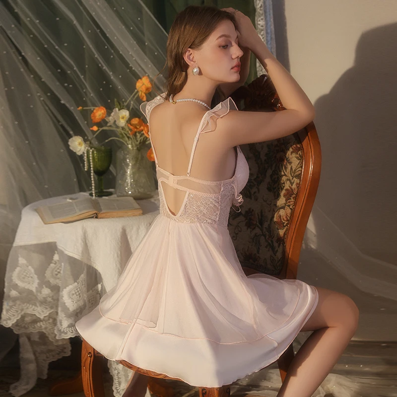 Verão doce lingerie sexy feminino noite vestido mulher sleepwear push up camisola feminina renda oco babydoll almofada no peito roupa de dormir