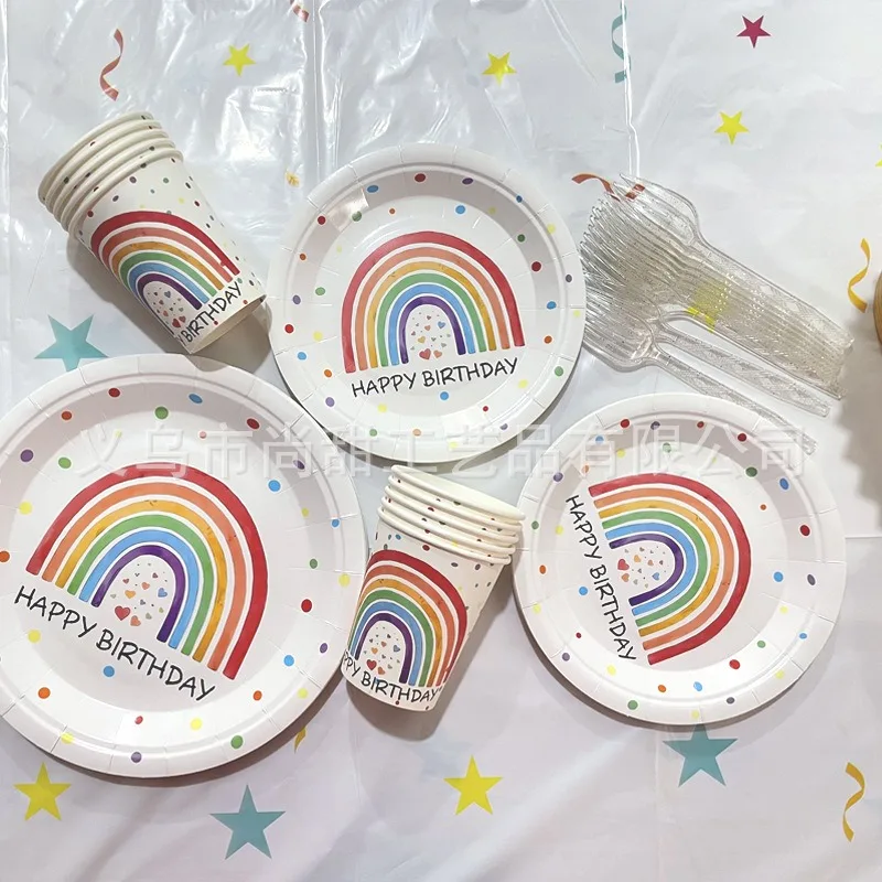 10 Stück Regenbogen Einweggeschirr Happy Birthday Teller Pappbecher Servietten Regenbogen Kindergeburtstag Party-Zubehör – Detail 3