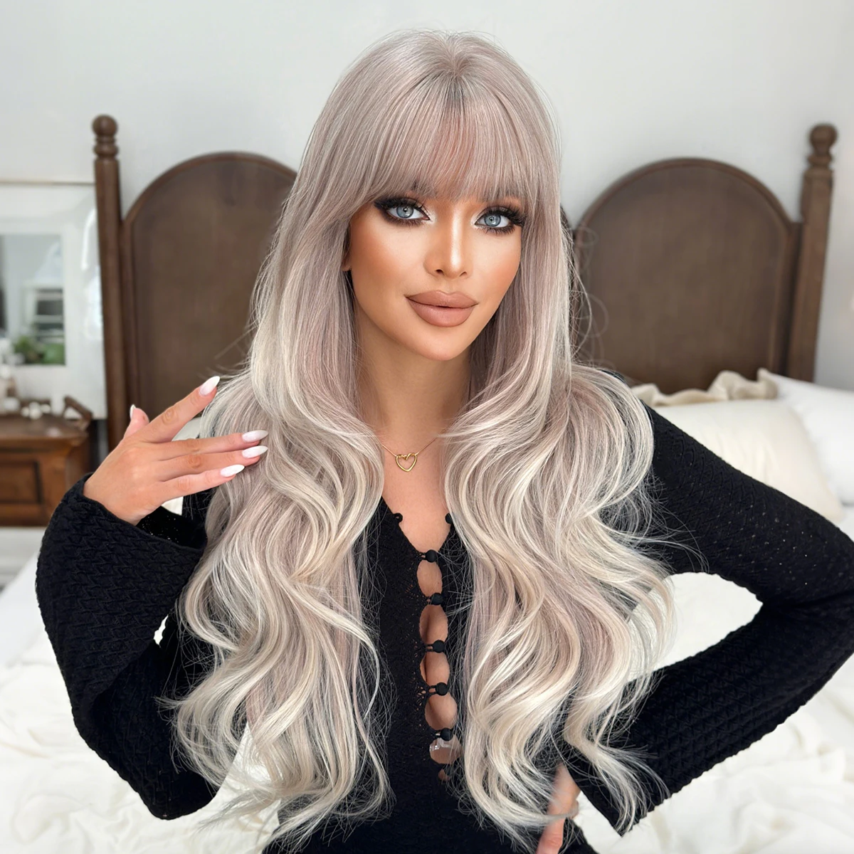 7JHH WIGS Long Body Wave White Blonde Wig for Women Modest Fashion Synthetic Layered Wear and Go Champagne Wigs with Neat Bangs