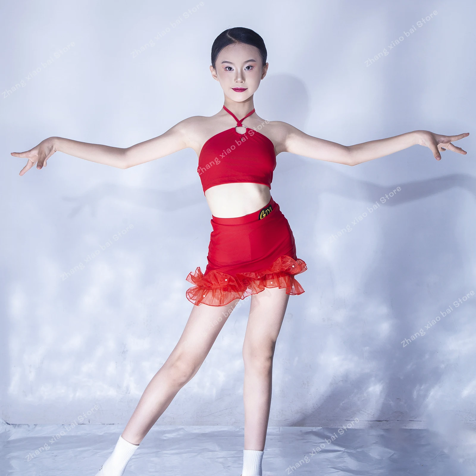 

Red Latin Dance Dress Girls Cha Cha Rumba Tango Dance Costume Ballroom Dress Standard Girl Dance Skirt Kids Latin Practice Dress