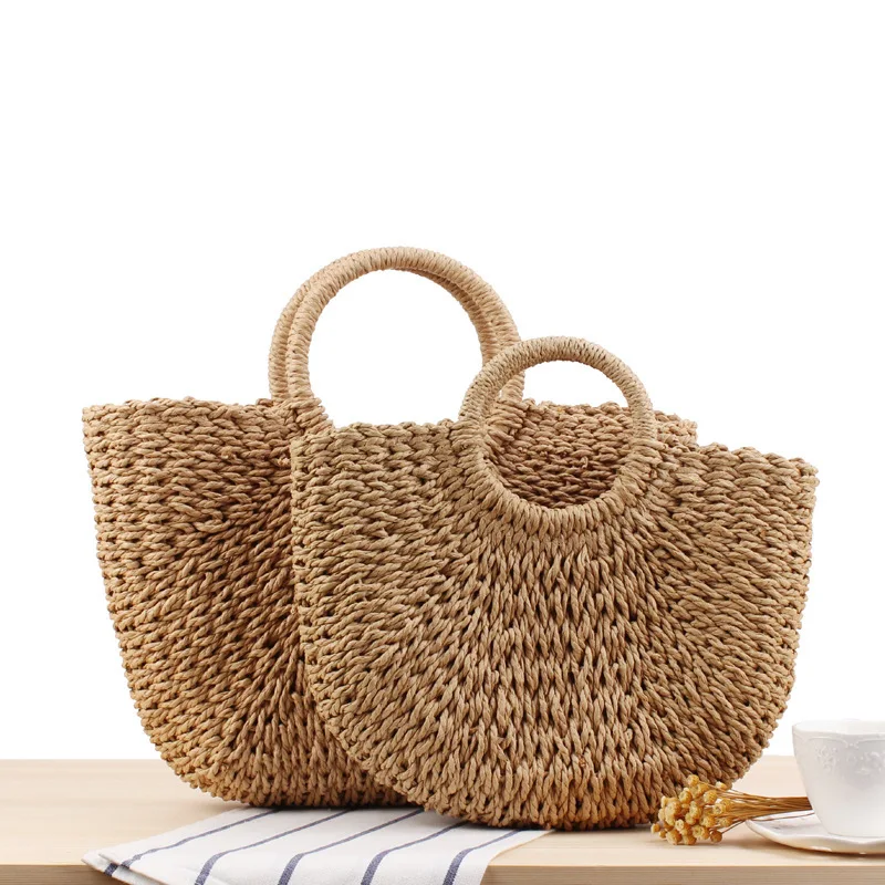 Summer Handmade Bags for Women Beach Weaving Ladies Straw Bag Wrapped Beach Bag Moon shaped Top Handle Handbags Totes