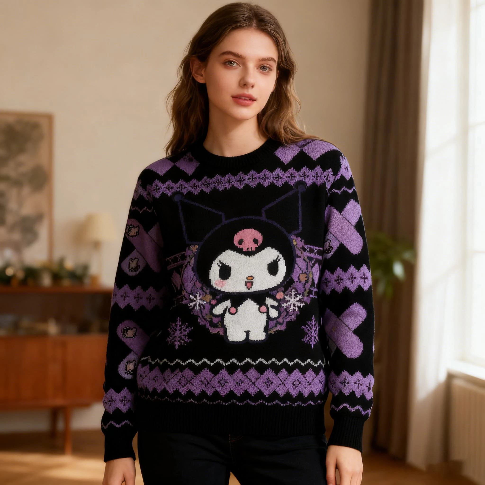 2026 Autumn and Winter Kuromi Ugly and Cute Trendy Christmas Sweater, Family, Children, Women, Casual Round Neck Sweater
