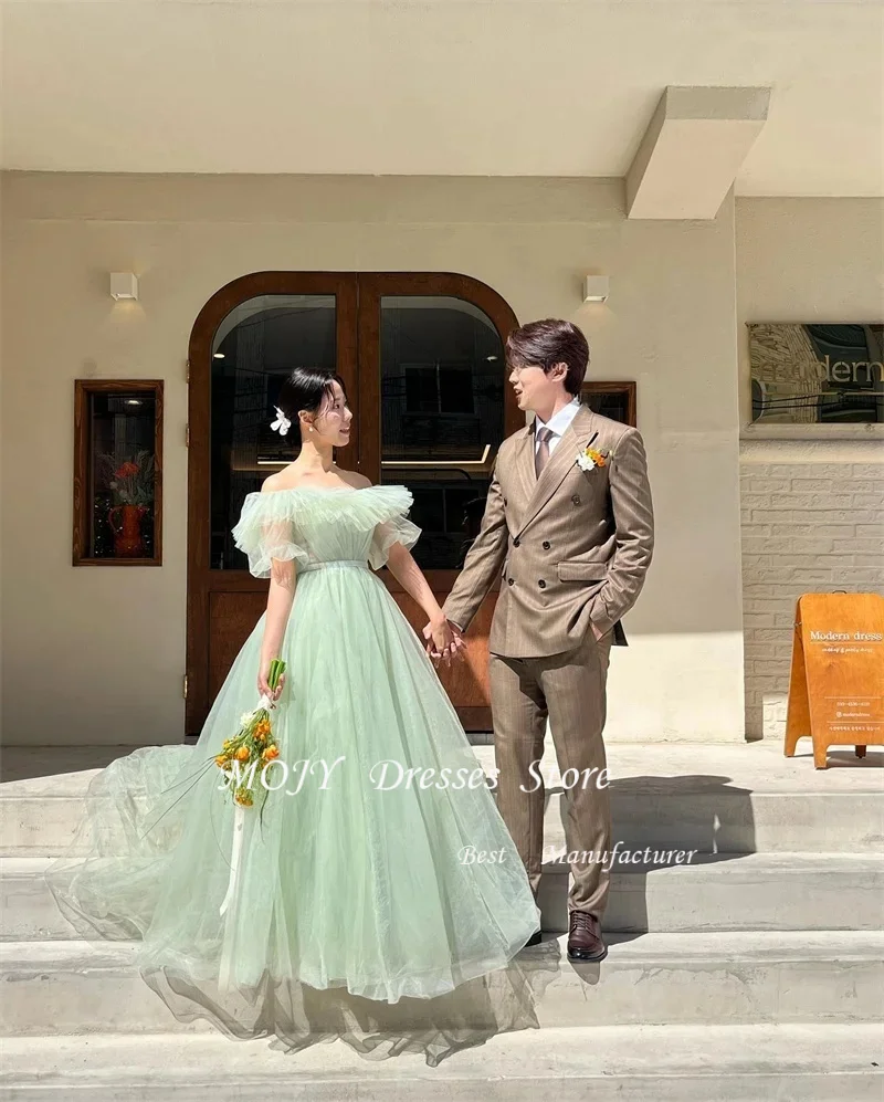Mojy Elegant Off Shoulder Tulle Evening Dresses Korea Wedding Photo shoot Sage Green Evening Formal Gowns Party Customized