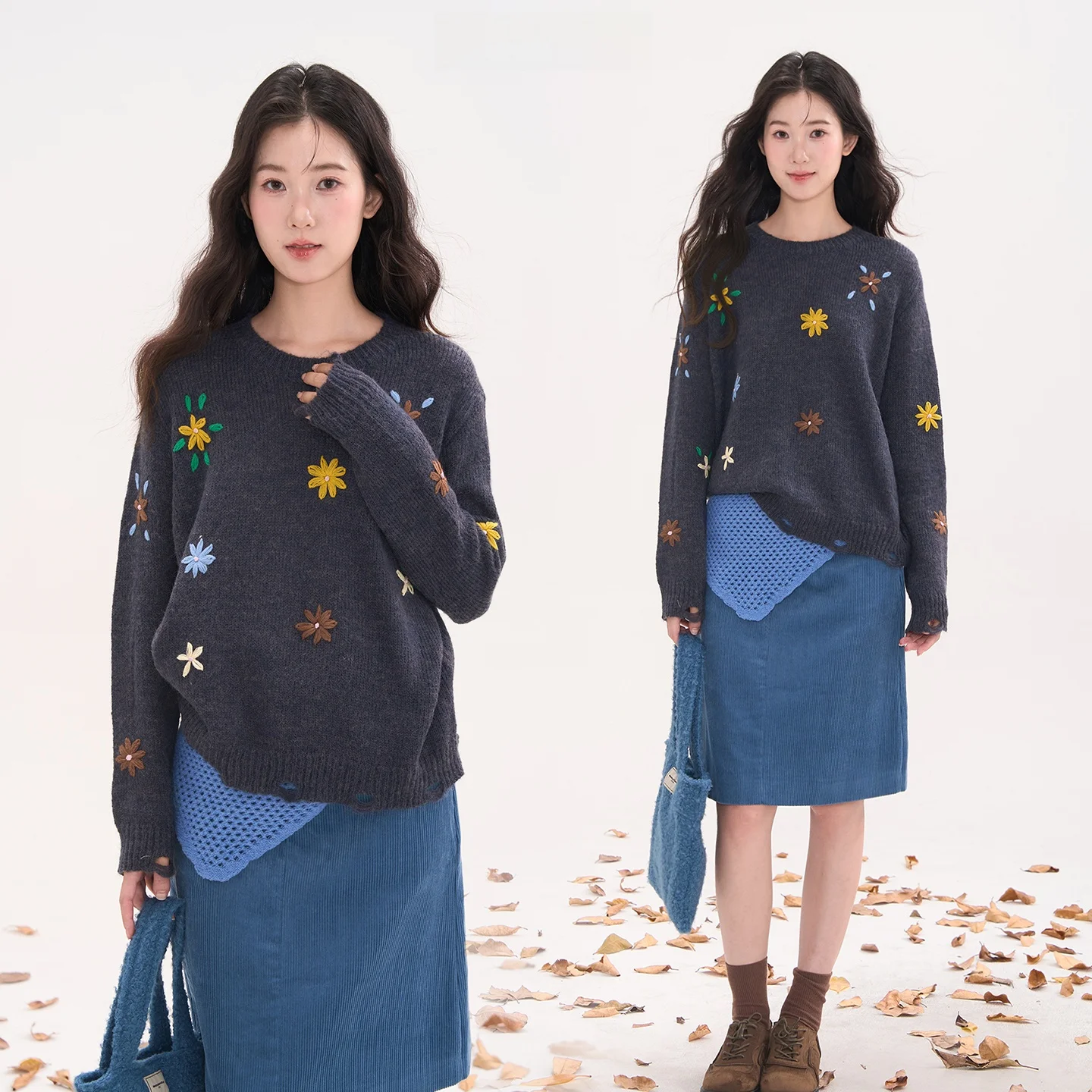 

Вязаный вручную винтажный свитер с цветочным узором, с круглым вырезом и длинными рукавами с манжетами, женский топ для осени и зимы