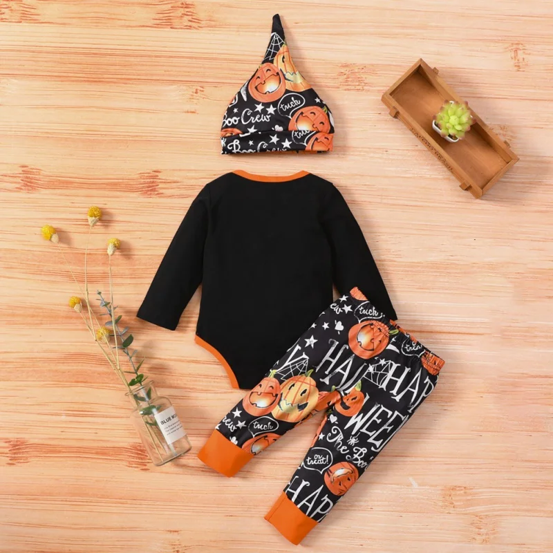 Newborn Baby Clothes Set Long Sleeve Letter Print Romper+Cartoon Pattern Pant+Hat 3Pcs Cotton Outfits Boy Girl Halloween Costume