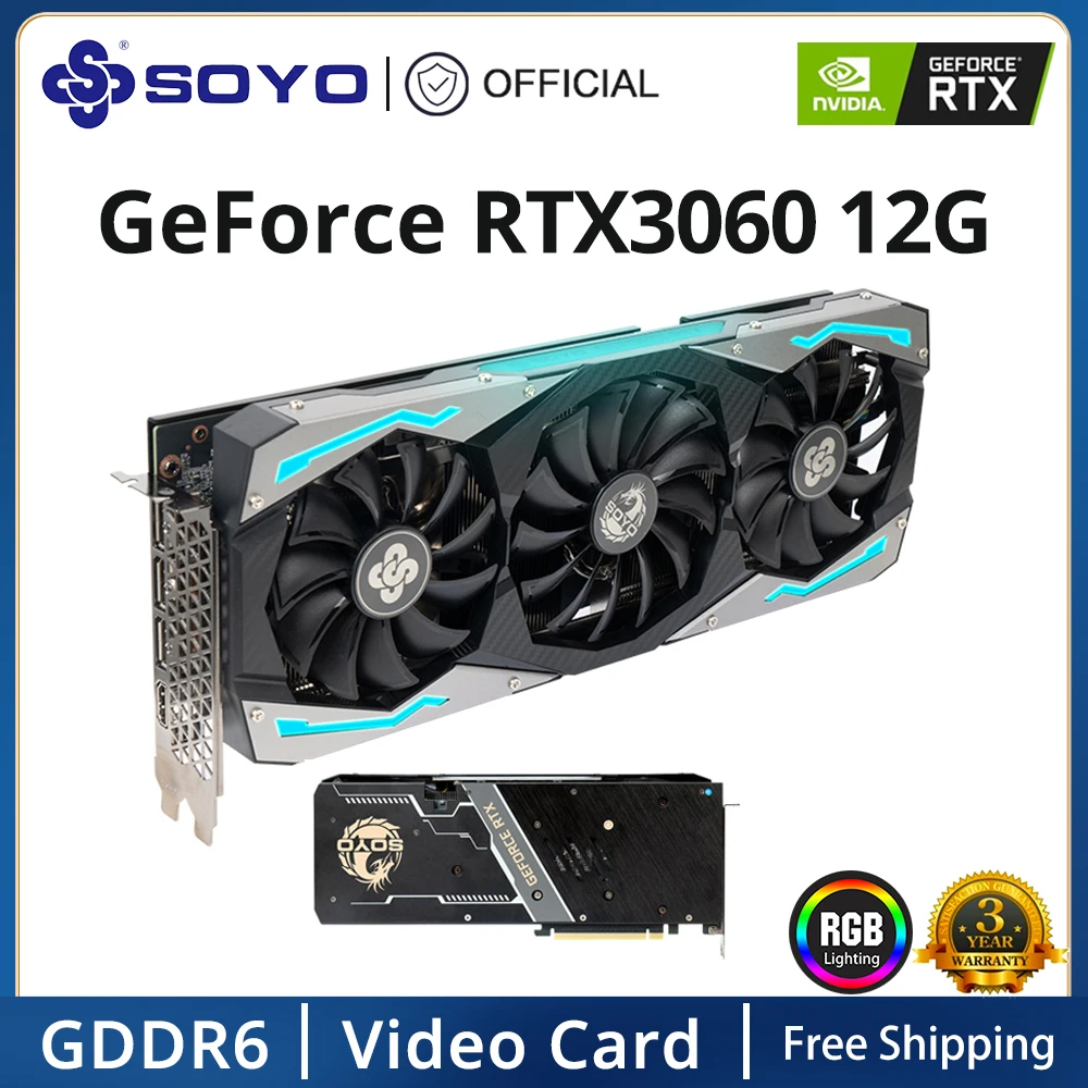 SOYO Full New RTX 3060 12 GB GDDR6 NVIDIA GPU 192 bits DP * 3 PCI Express X16 4.0 Placa de vídeo para jogos de computador de mesa