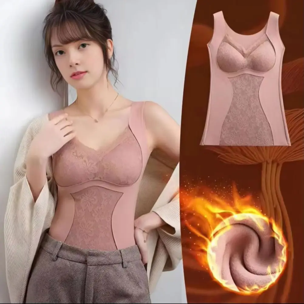 Integrated Cup-cup Vest for Women Built-in Chest Pads Tank Top for Women Women's Sleeveless Lace Thermal Tank Top with for Cold