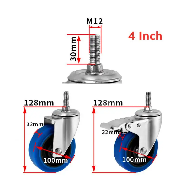 (4 Pcs) 4 Inch 304 Stainless Steel Casters Medium Blue TPR Twin Shaft Rubber Universal Roller Silent Wheel Caster