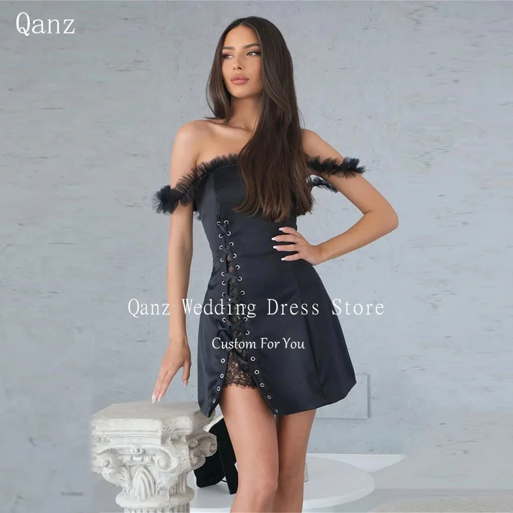 Qanz noir robe De bal courte Sexy Satin hors De l'épaule dentelle tenues d'anniversaire femmes Mini robes De Fiesta Elegantes personnalisé
