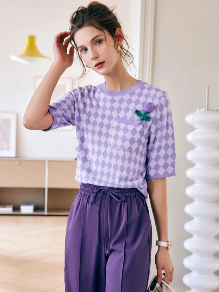 

OLrain Women Pullovers 2025 Summer French Checkerboard Knitted Sweater Slim Fit 3d Floral Embroidered Ladies Jumpers O22XZ60858